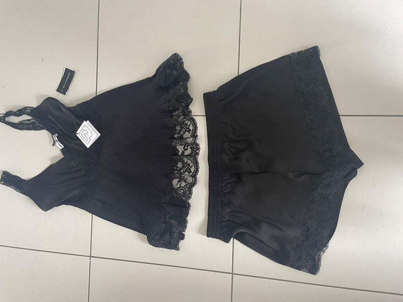 Plisse Black Crepe de Chine Lace Trimmed Top & Shorts Set