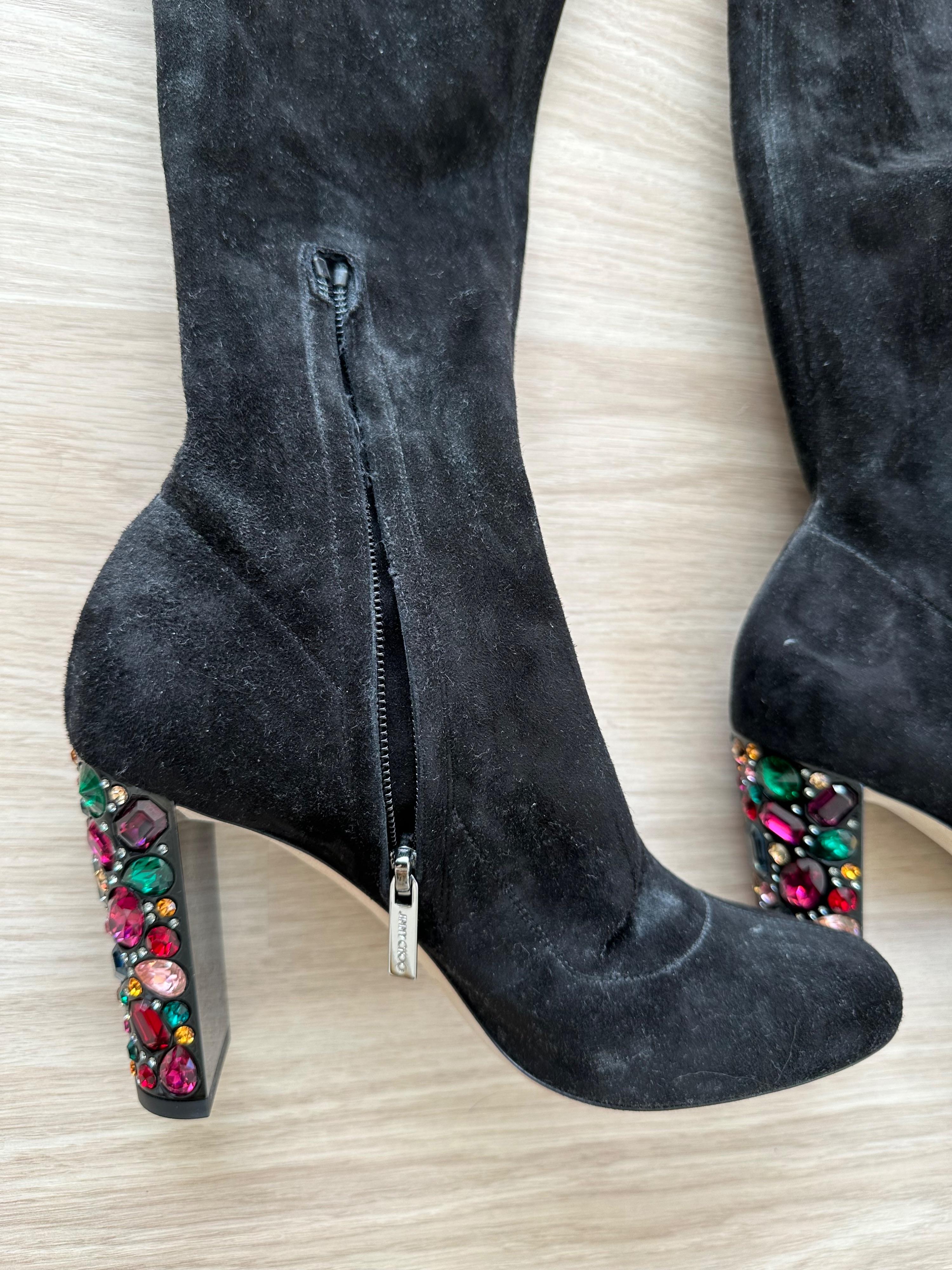 Jimmy Choo Black Suede Over the Knee Boots with Crystal Heel Detail