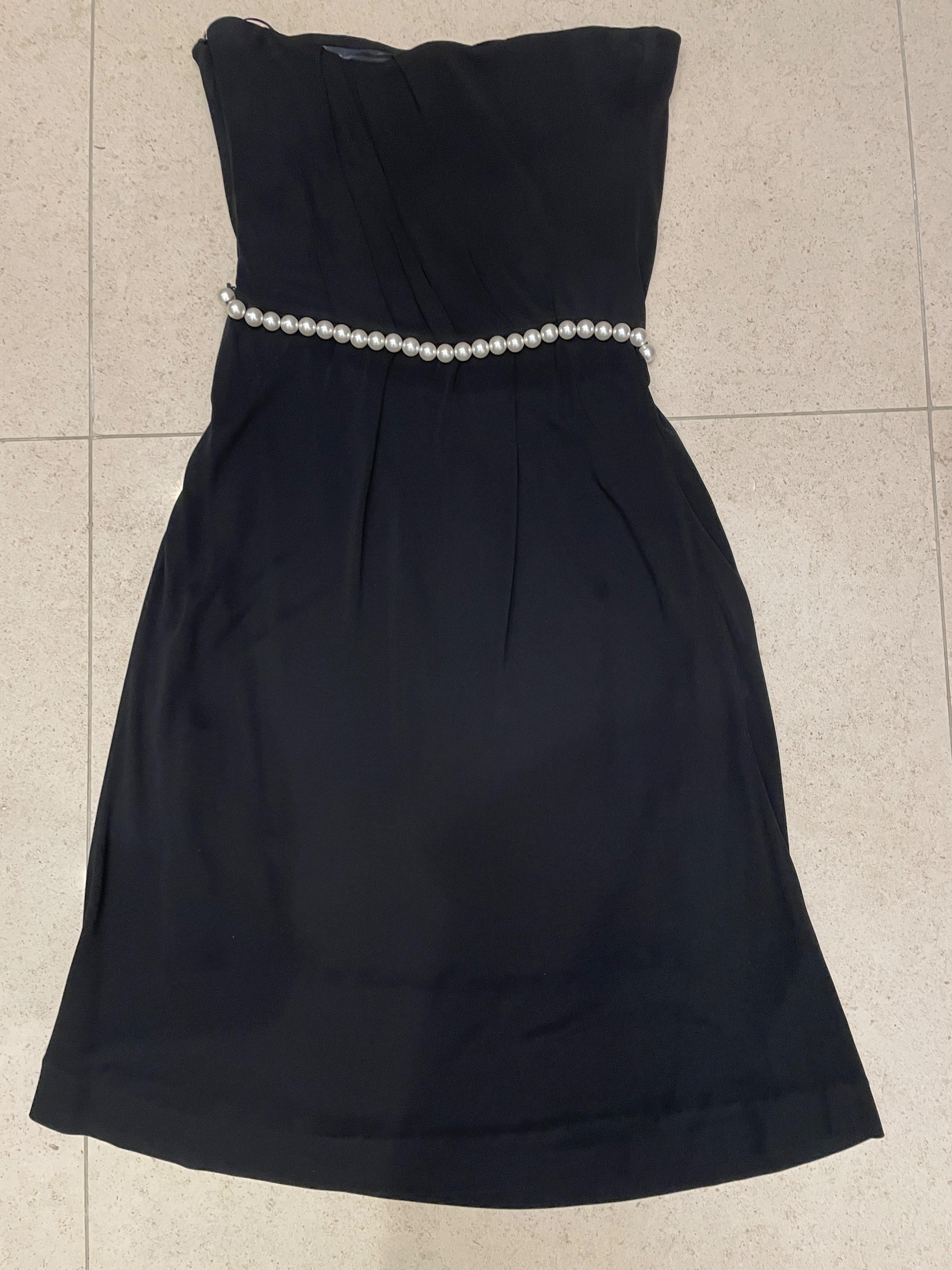 Black Strapless Faux Pearl Belt Detail Dress