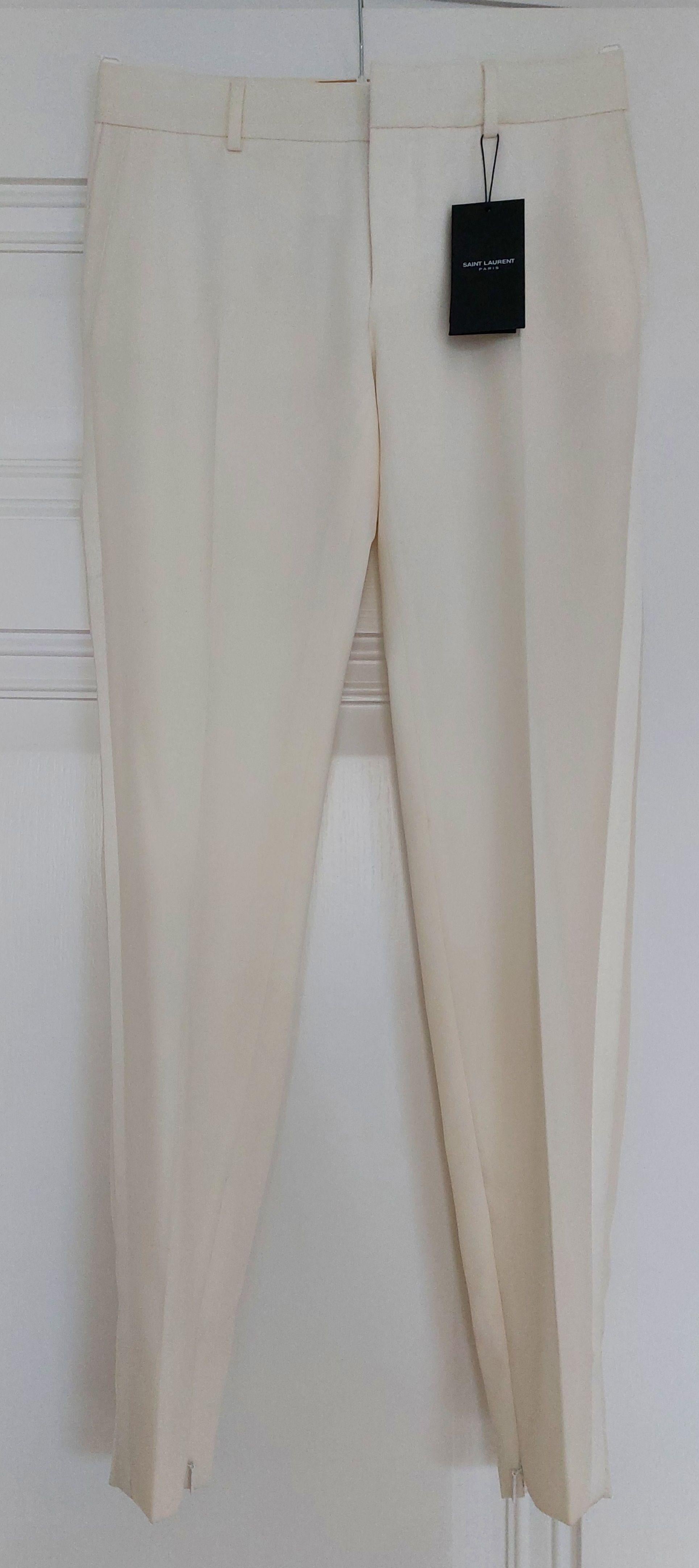 Saint Laurent Cream Satin Trimmed Tapered Trousers