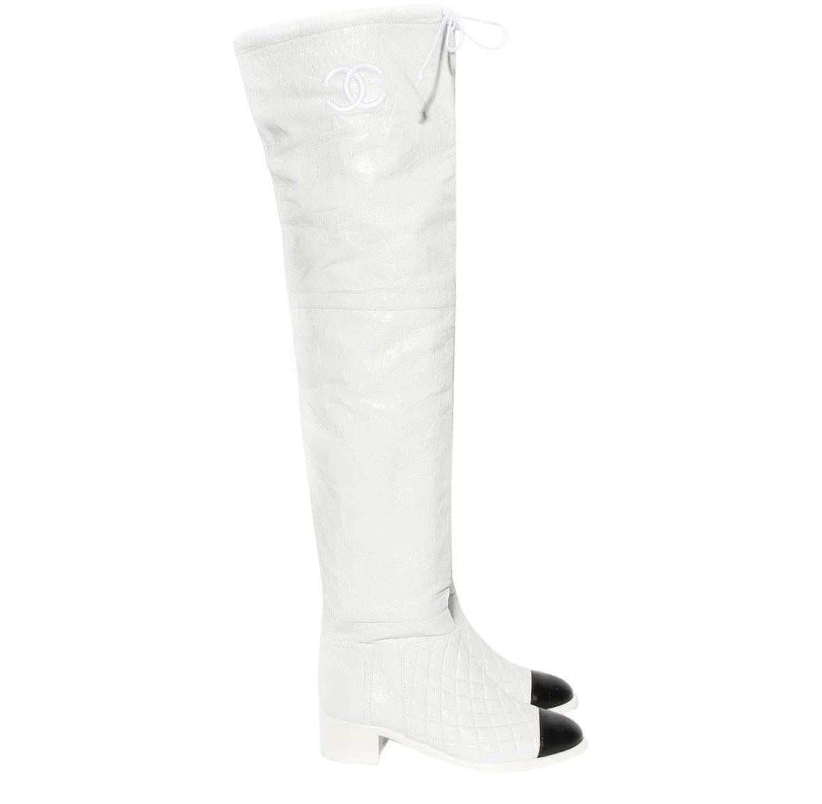 Chanel White Knee High Leather Boots