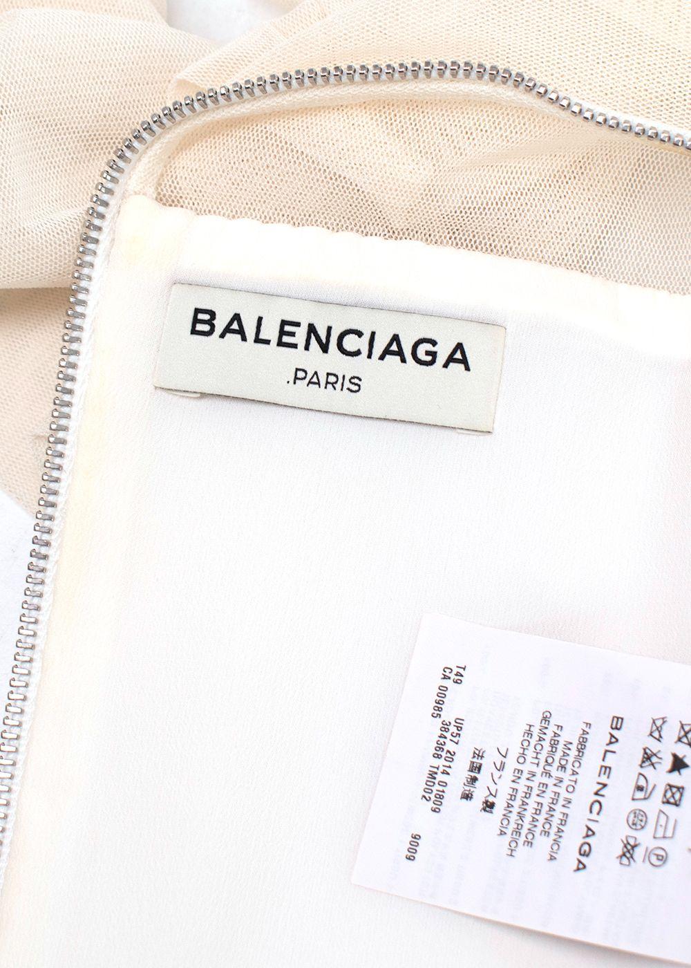 Balenciaga White Sheer Panel Ruched Sleeve High Neck Top