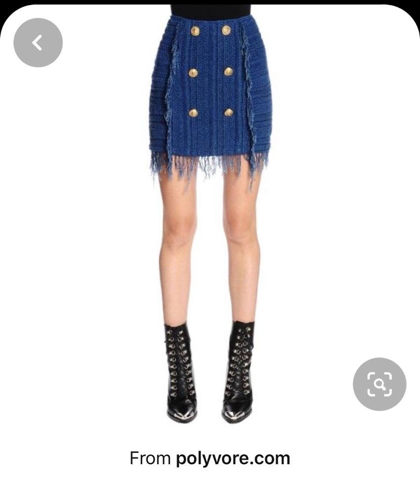 Balmain Frayed Button-embellished Tweed Mini Skirt In Blue