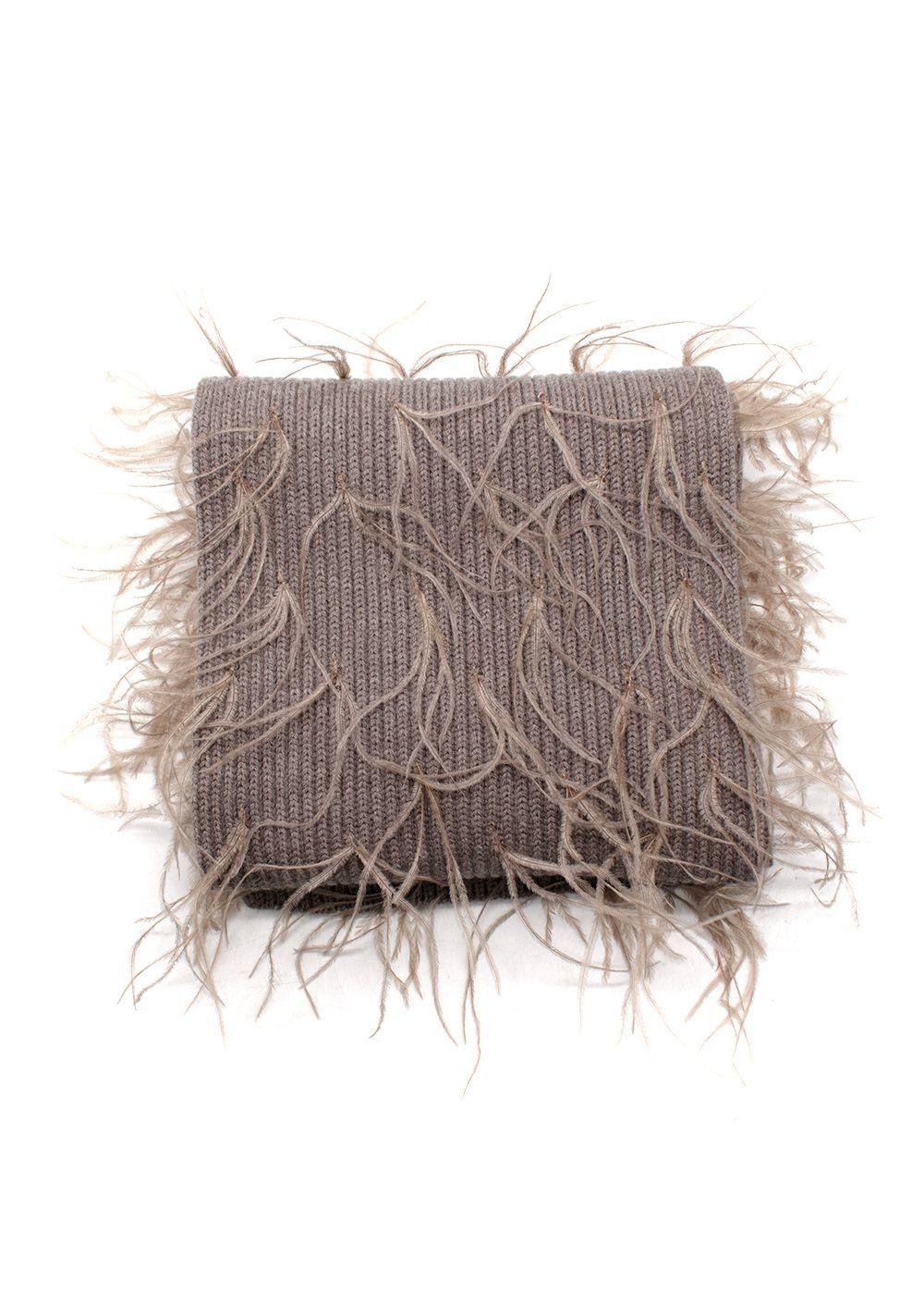 Tanya Taylor Mouse Brown Ostrich Feather Detailing Wool Scarf