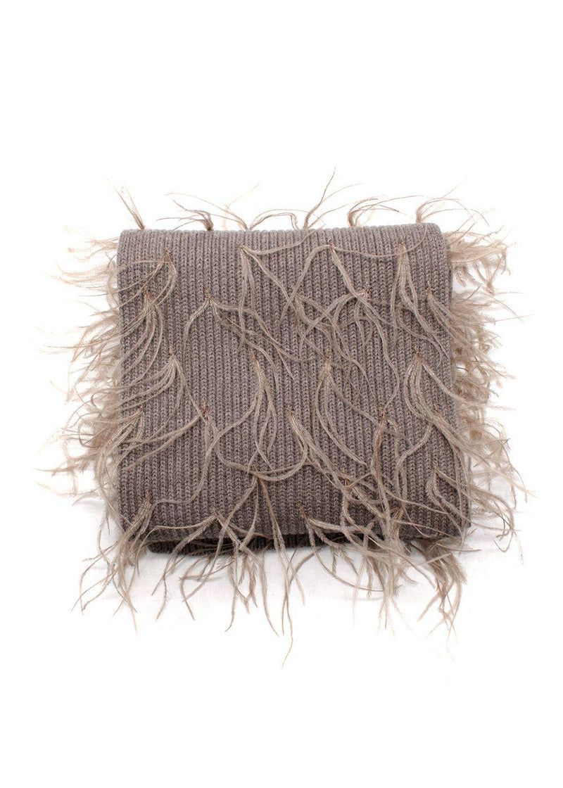 Tanya Taylor Mouse Brown Ostrich Feather Detailing Wool Scarf