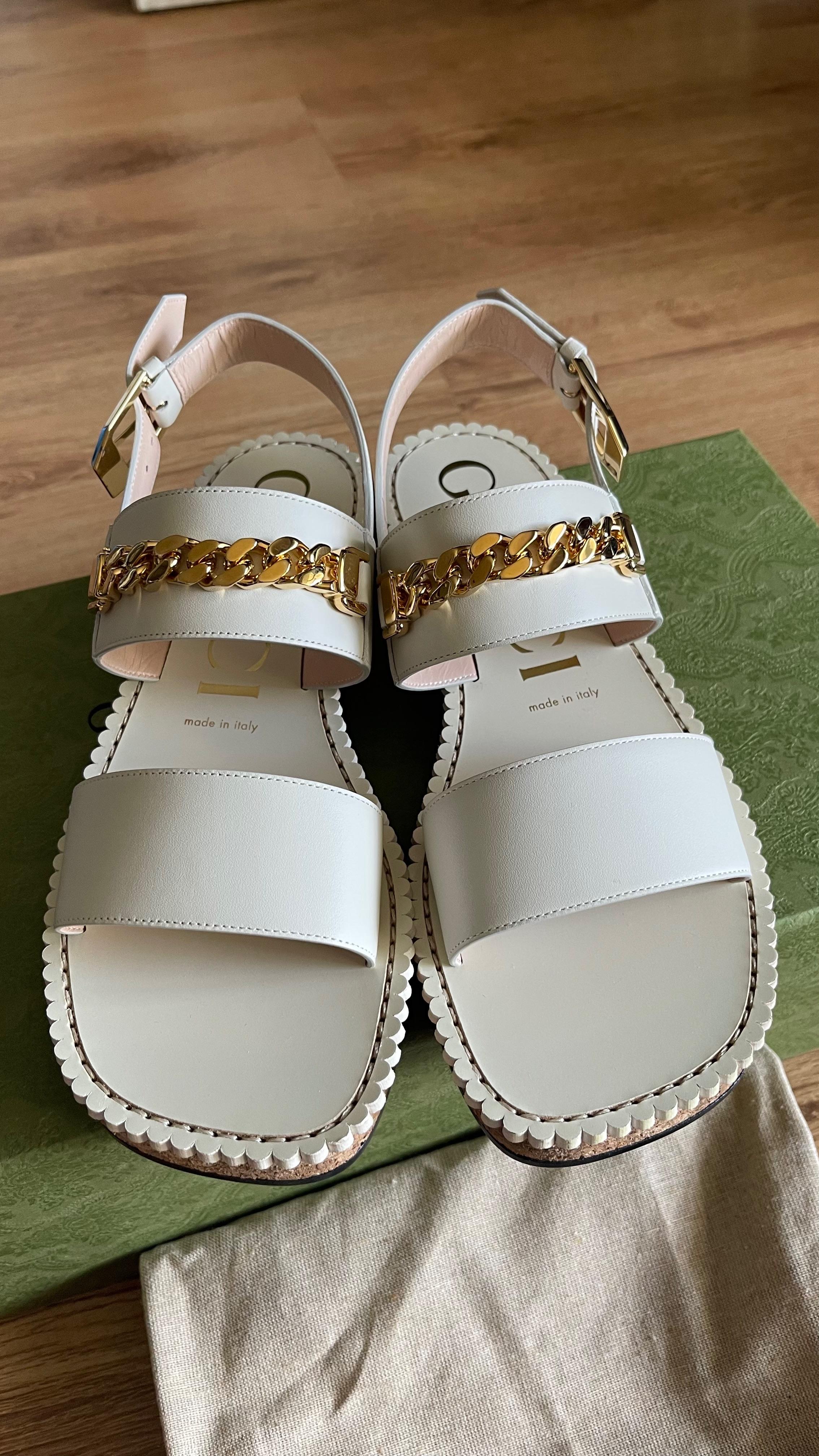 Cream leather chain embellished sandals