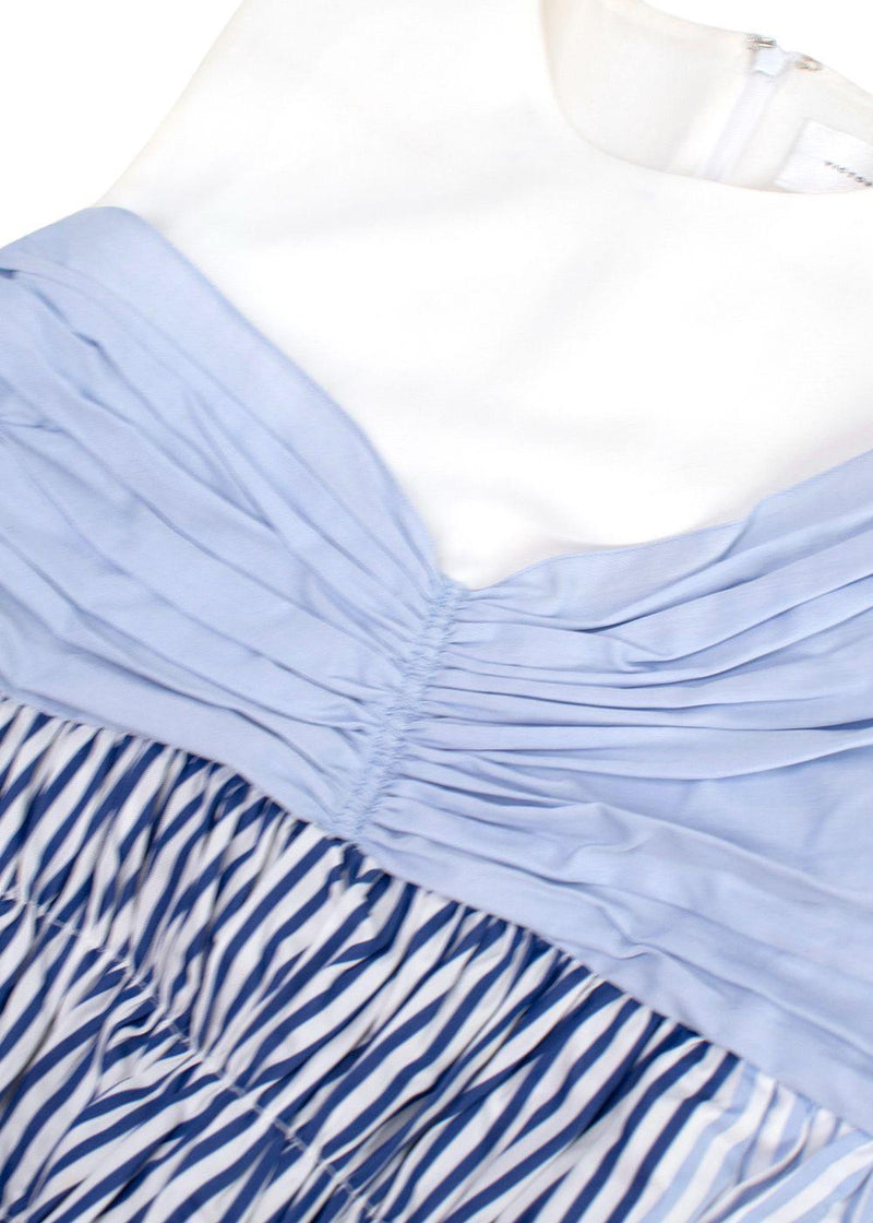 Victoria Beckham White and Blue Striped Ruched Mini Dress