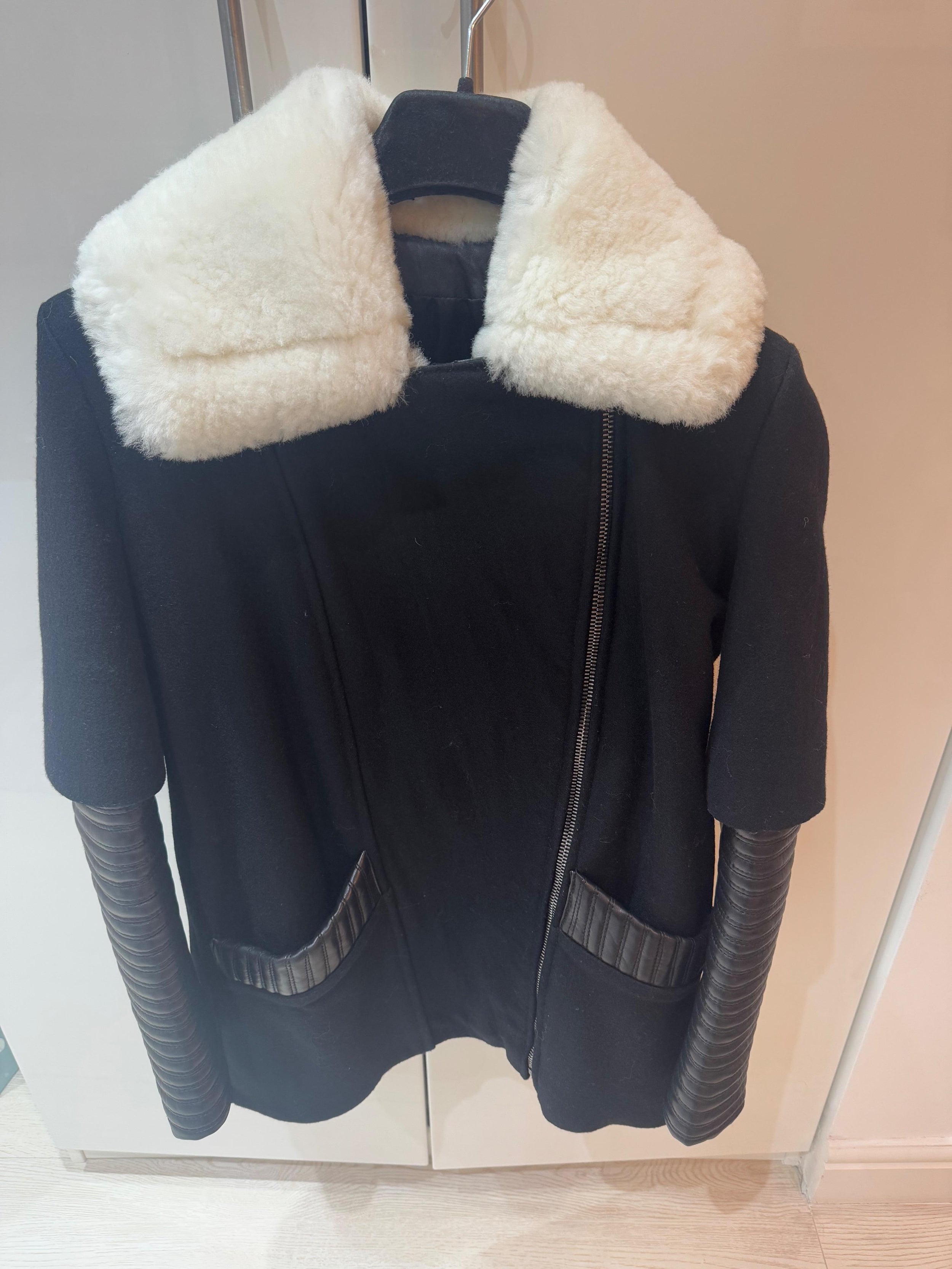 Nour Hammour Black Leather and Wool Biker Jacket