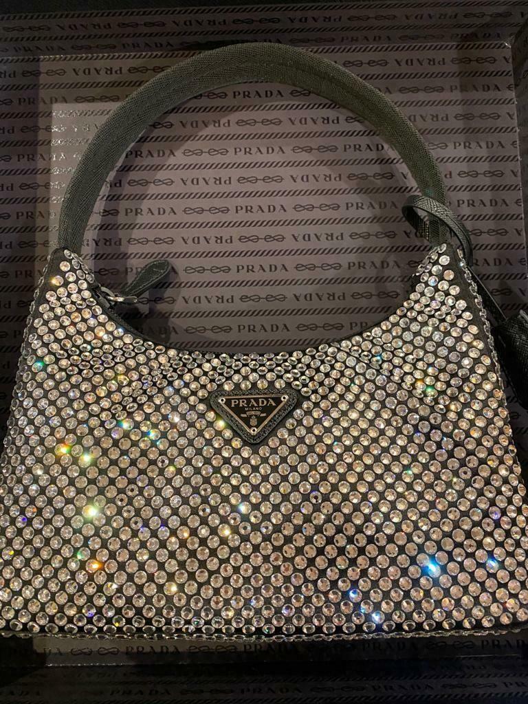 Black Satin Crystal Embellished Re-Edition 2000 Mini Bag