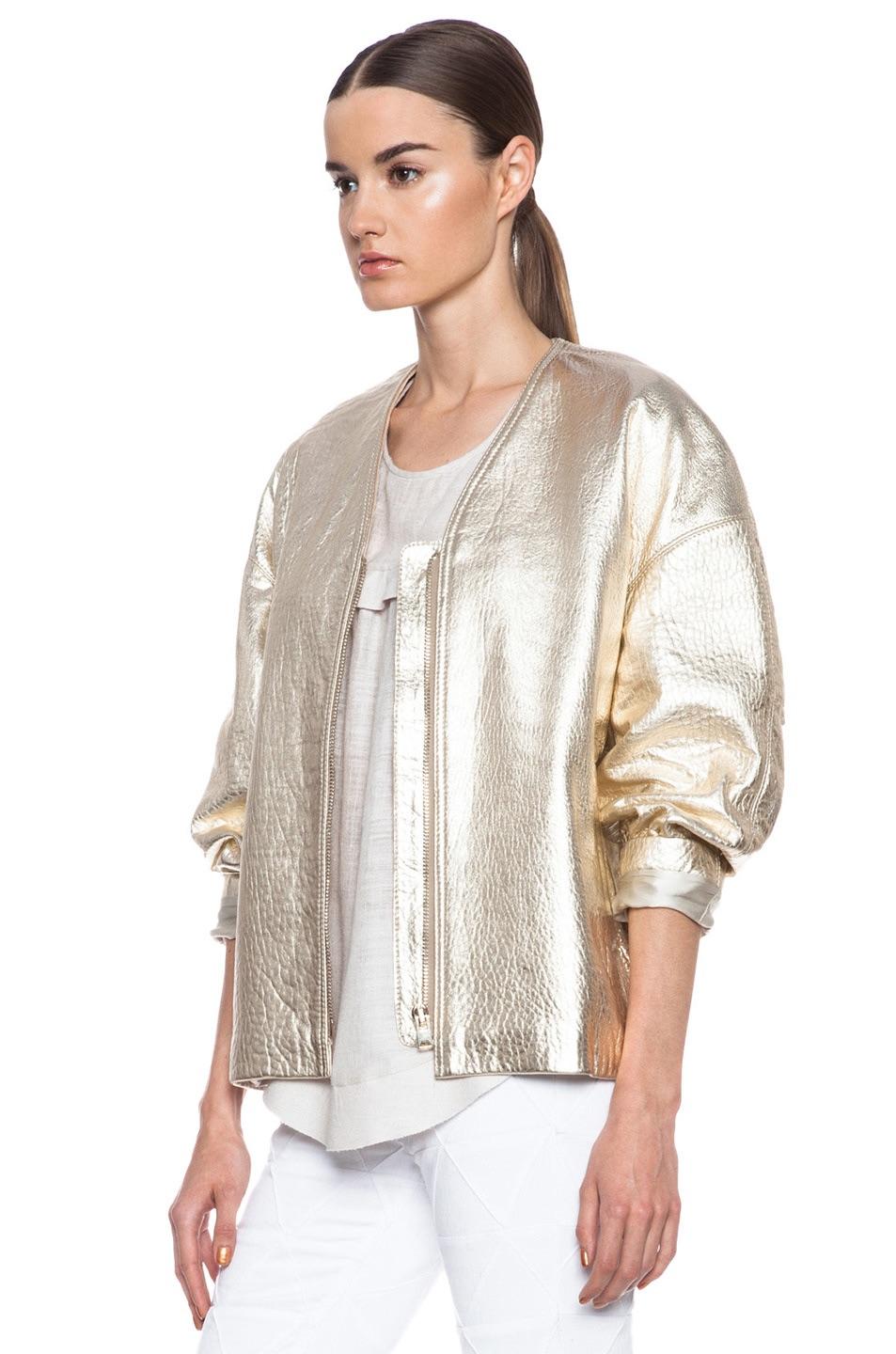 Metallic gold leather collarless jacket