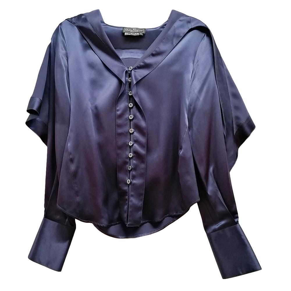Salvatore Ferragamo Blue Shawl Collar Silk Shirt