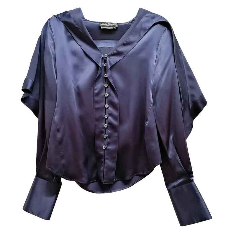 Salvatore Ferragamo Blue Shawl Collar Silk Shirt