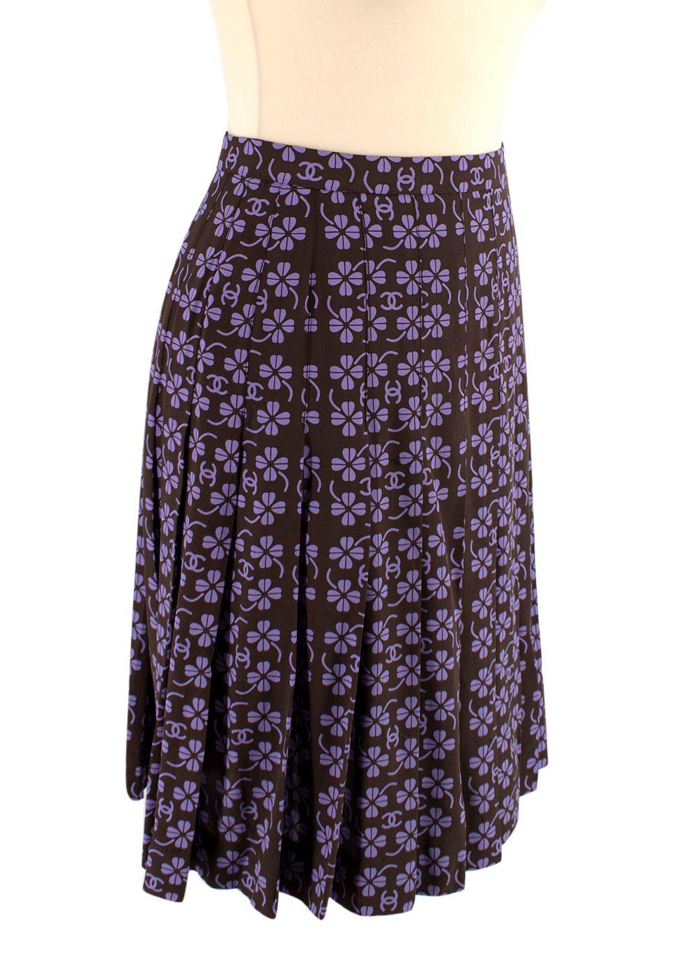 Purple & Black Clover Print Pleated Silk Skirt