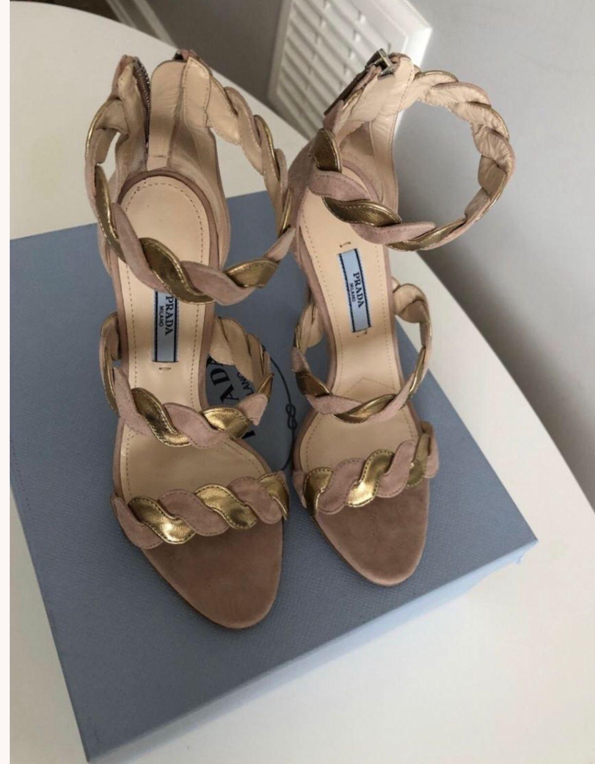 Nude/Gold Woven Leather & Suede Sandals