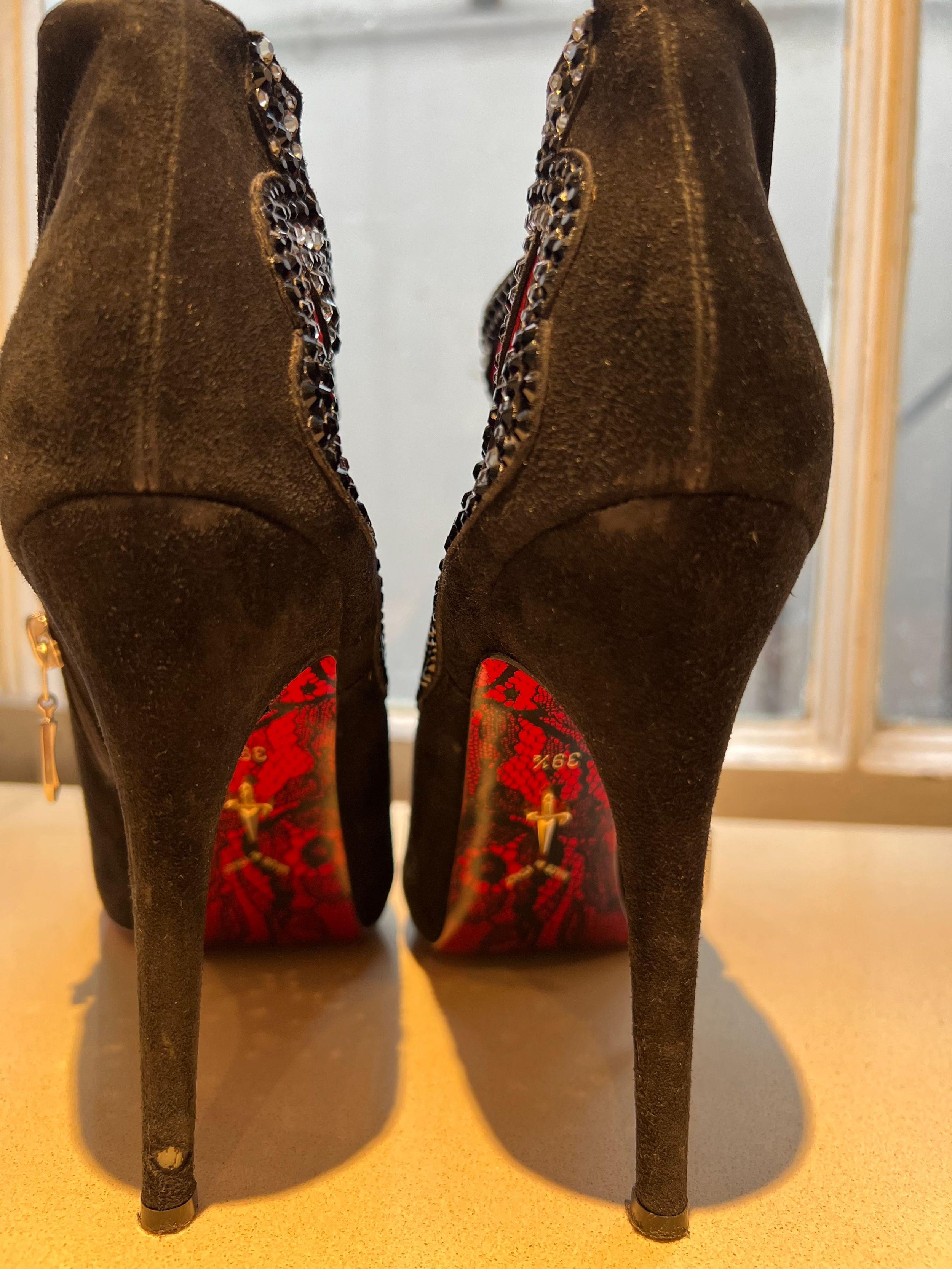 Crystal Embellished Suede Cut-Out Ankle Boots