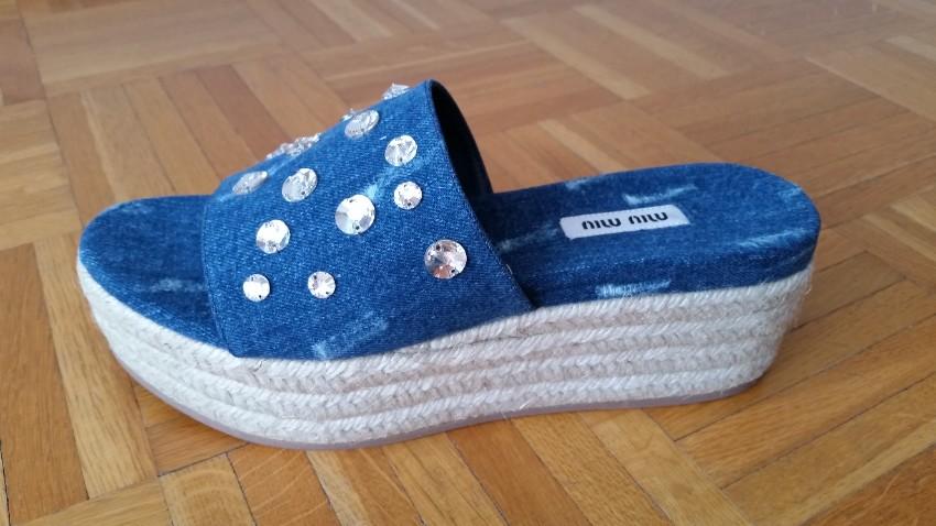 Miu Miu Crystal Embellished Distressed Denim Platform Mules