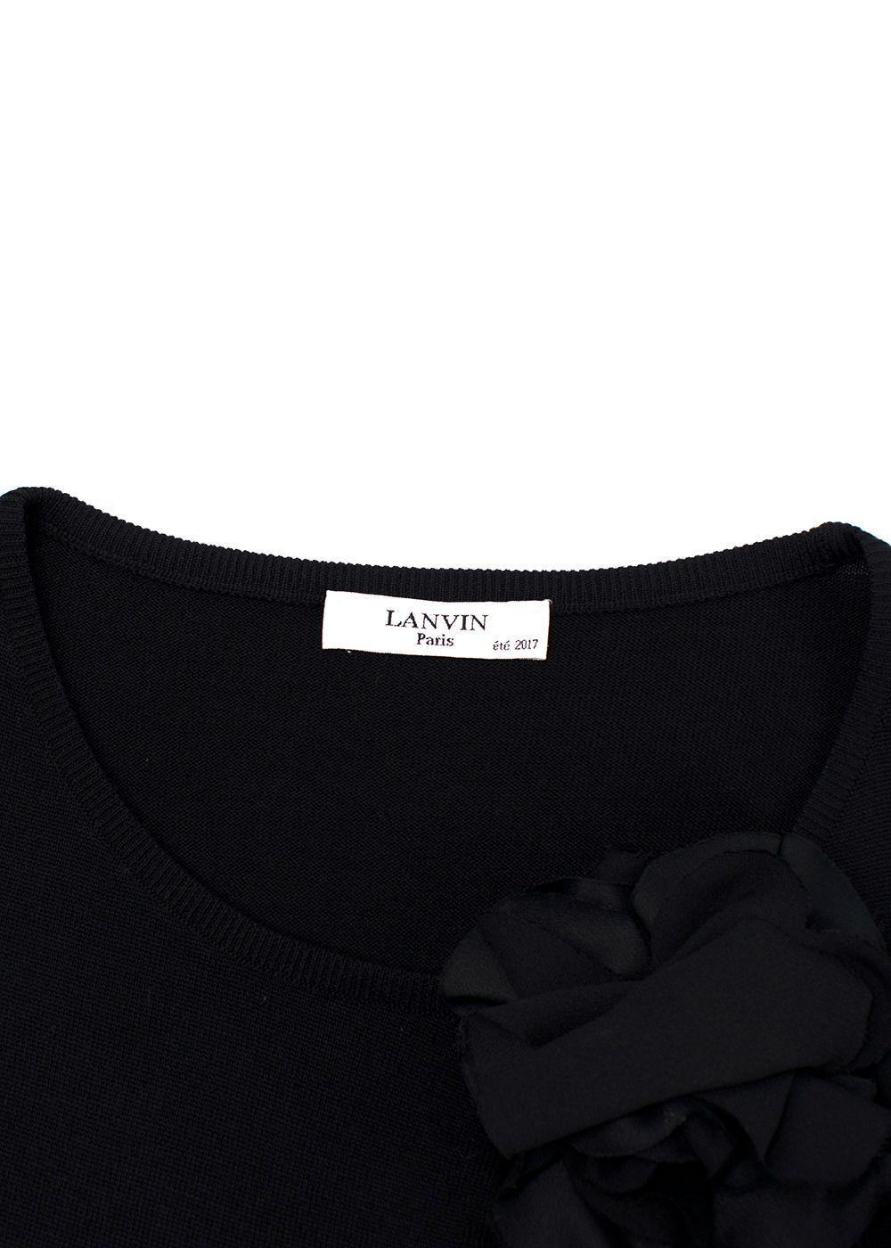 Lanvin Black Wool Knit Midi Dress with Floral Applique Detail