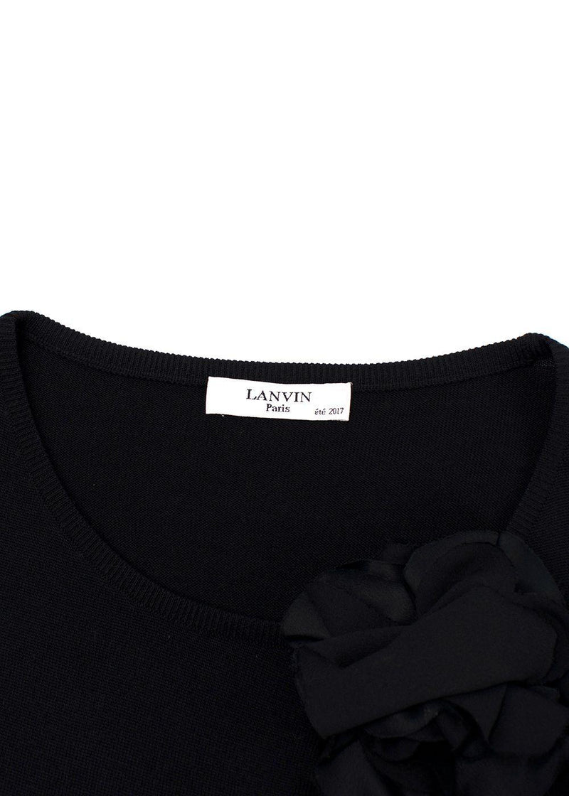 Lanvin Black Wool Knit Midi Dress with Floral Applique Detail