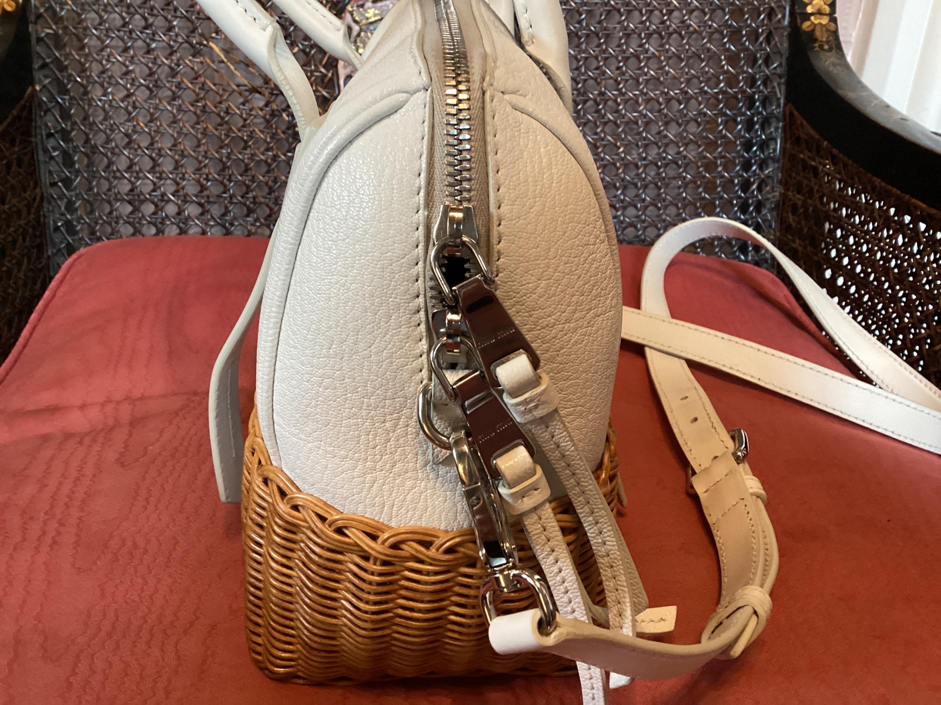 Miu Miu White Midollino Leather and Raffia Top Handle Bag