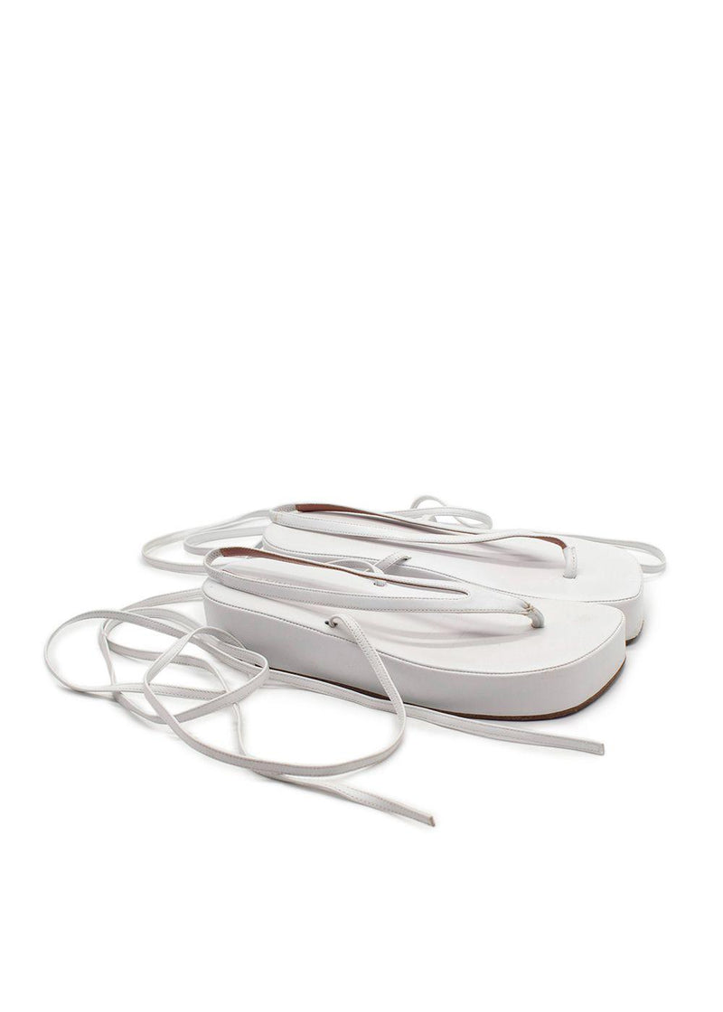 Amina Muaddi White Leather Tie Sandals