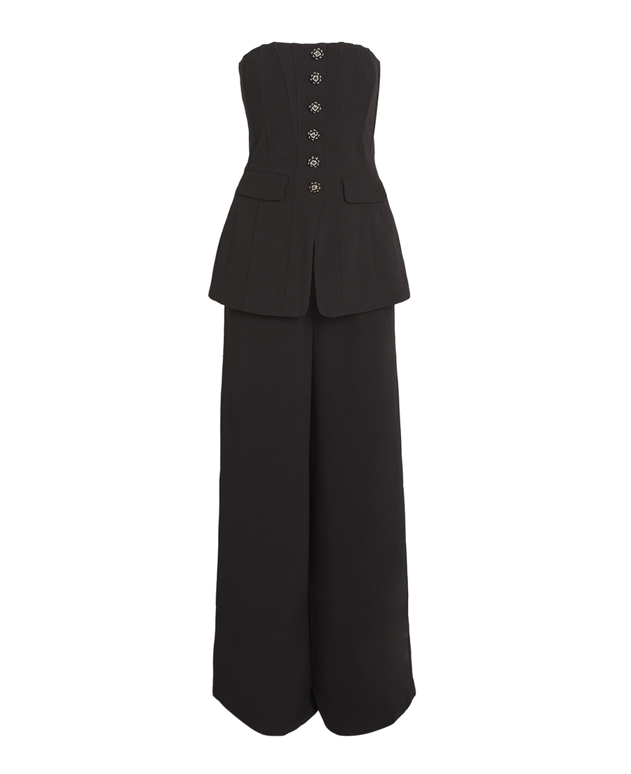 Self Portrait Convertible Strapless Crystal-Embellished Peplum Crepe Jumpsuit