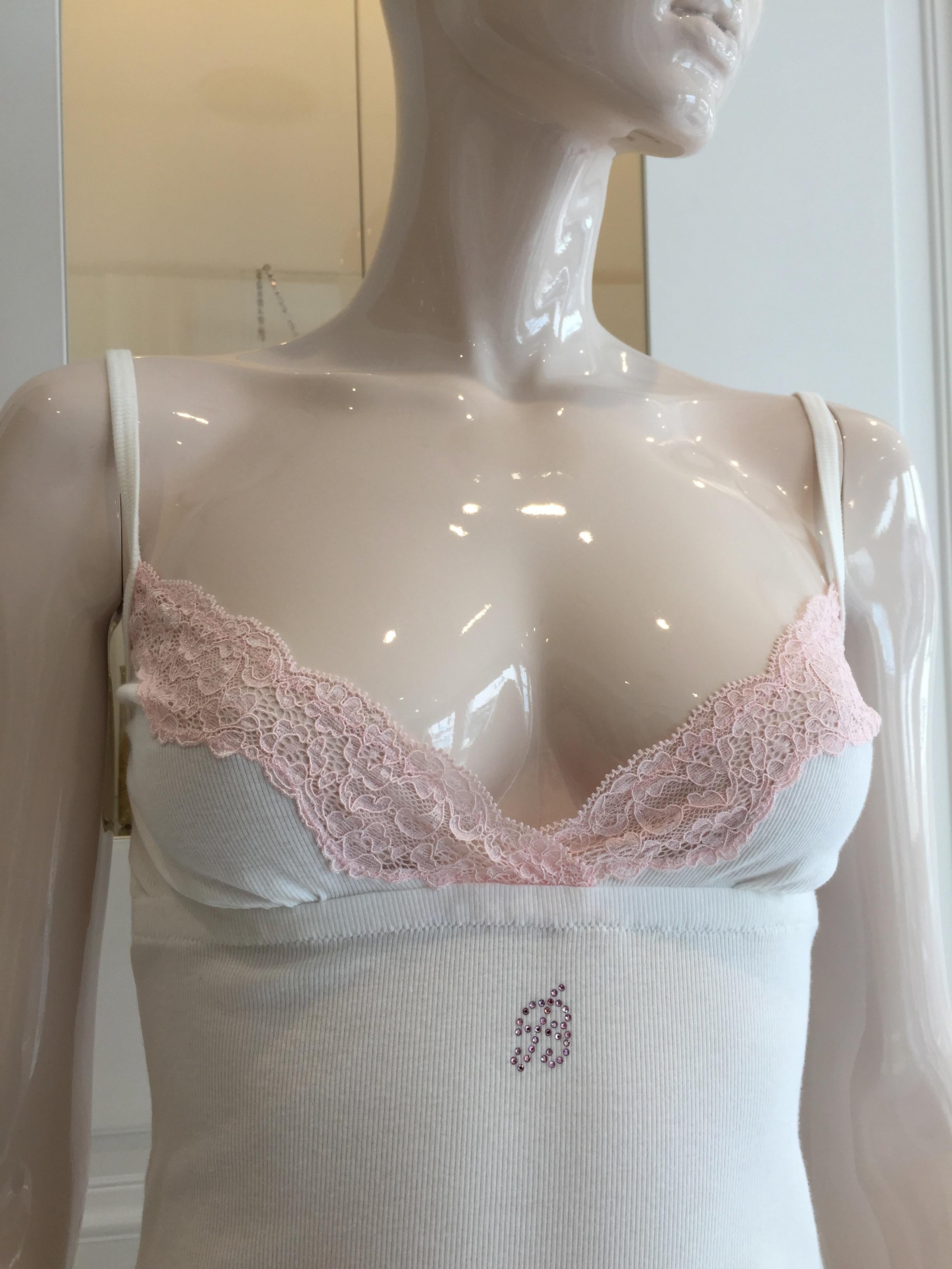 Blumarine White & Pink Leavers Lace Slip Dress