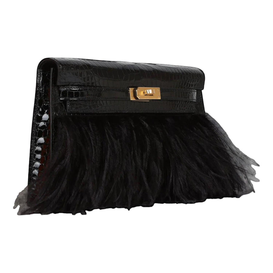 Hermès Kelly Elan Folie Black Crocodile Porosus Lisse Noir / Ostrich Feather And Gold Hardware