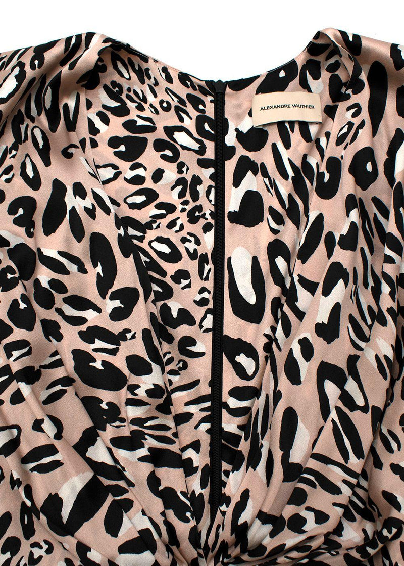 pink leopard print silk draped mini dress