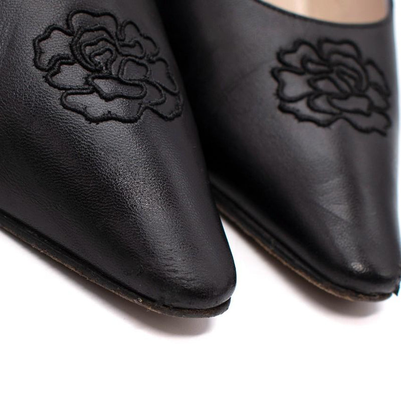 Chanel Black Leather Camellia Embroidered Vintage Pumps