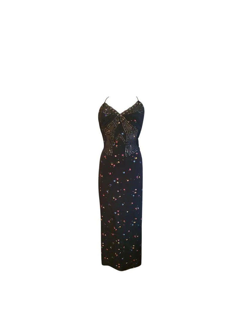 Black floral silk crepe & lace slip dress