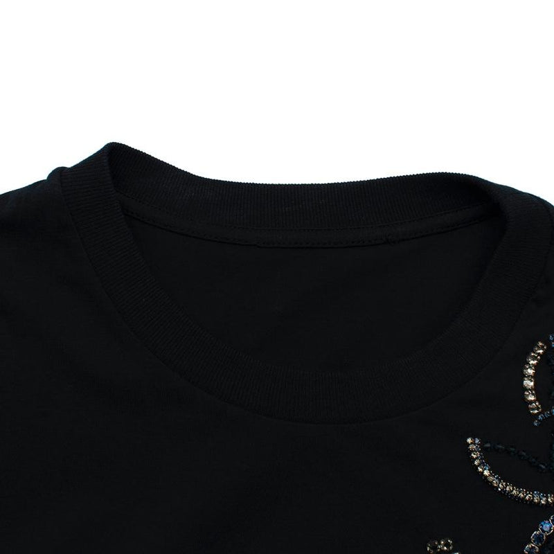 Prada Navy Cotton T-Shirt with Crystal Embellished Shoulder