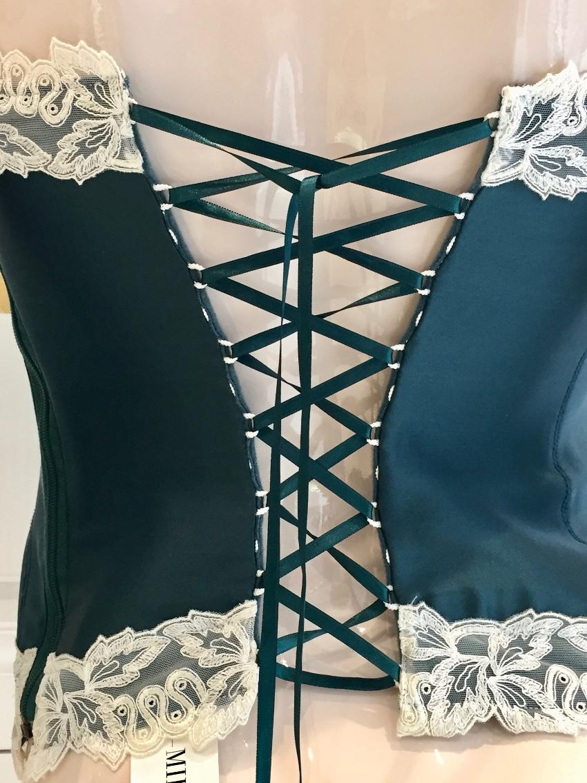 Millesia Couture Forest Green Silk & Calais Leavers Lace Corset