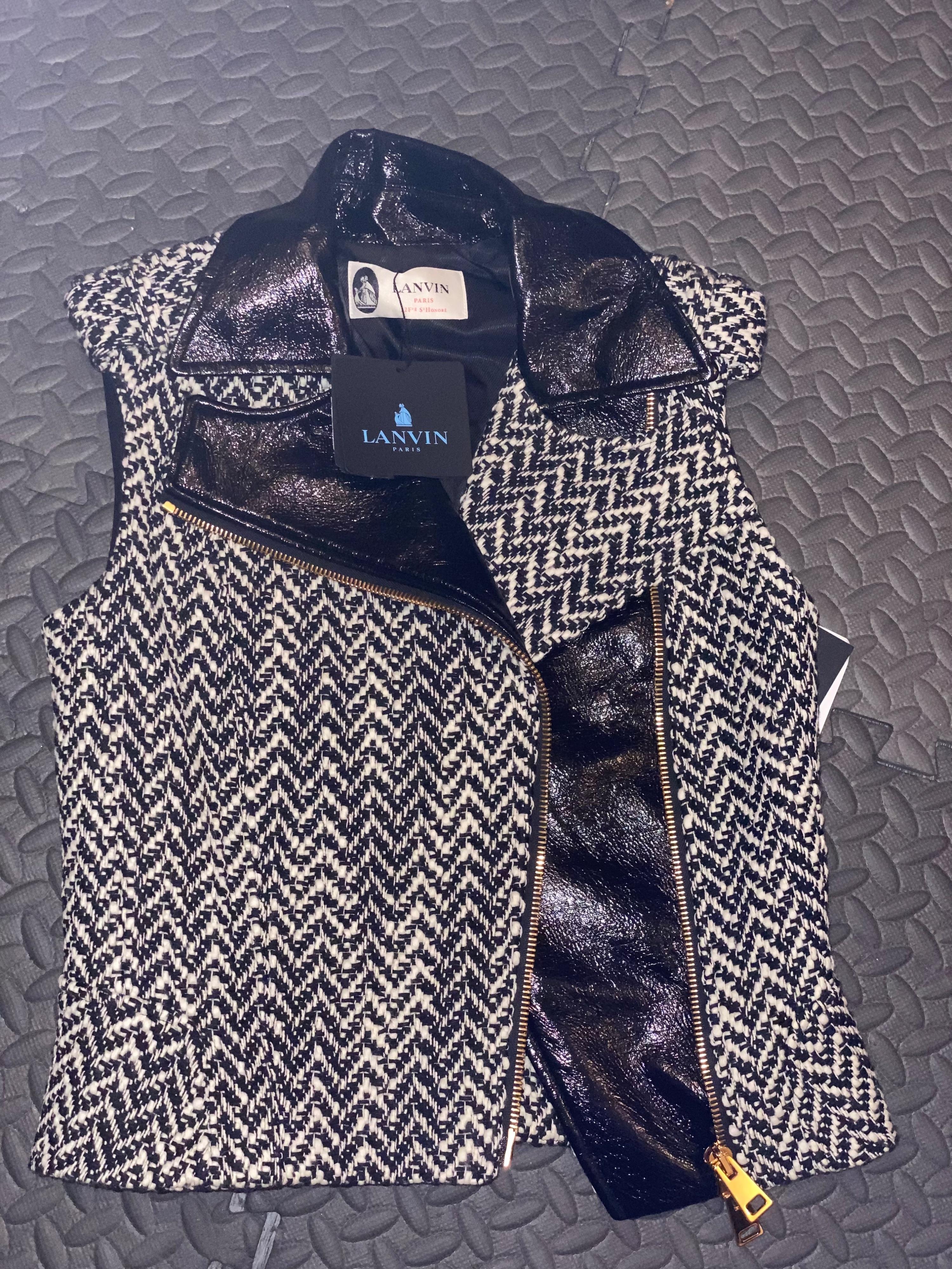Black lambskin & tweed biker gilet