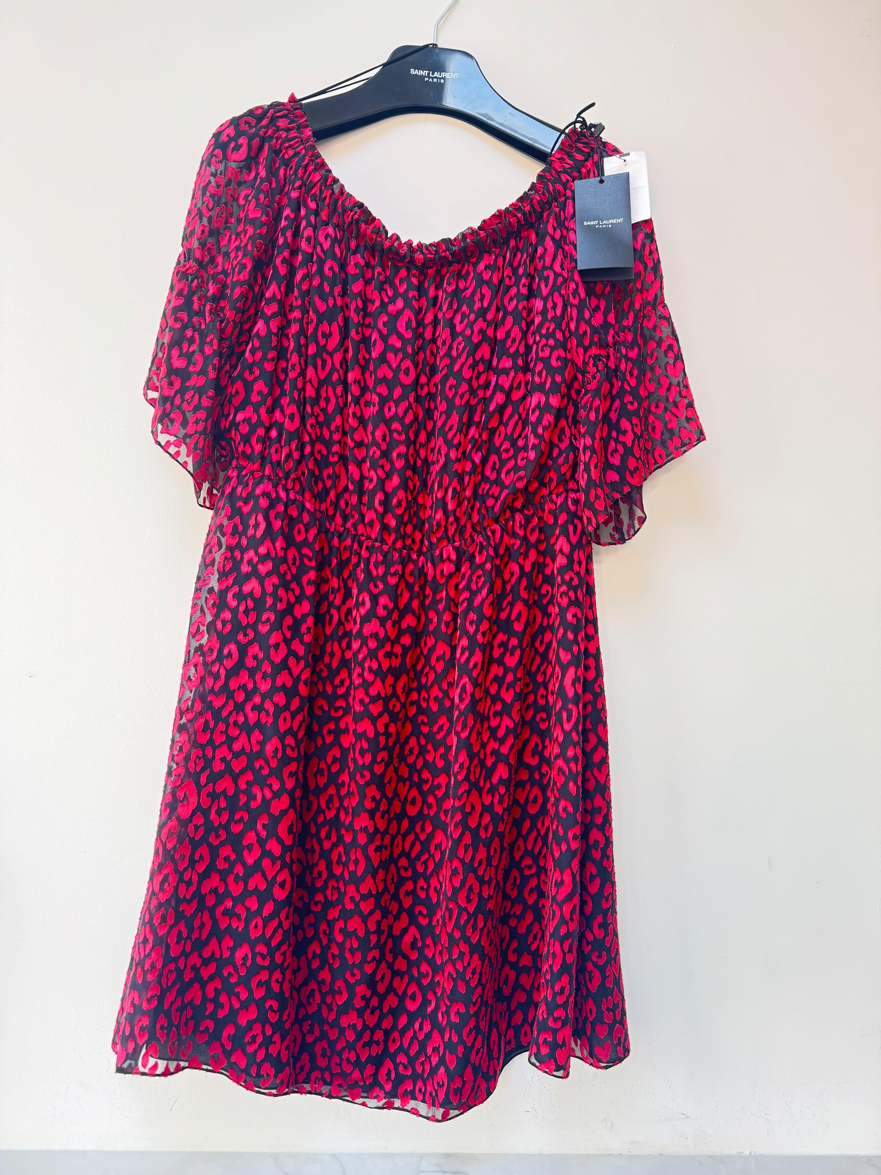 Saint Laurent Red Bardot Silk Mini Dress