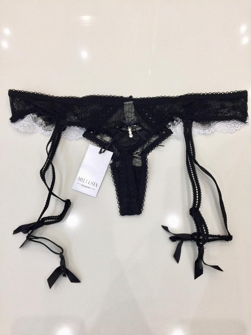 Millesia Black & White Guipure Lace Pad Bra & Suspender Thong Set