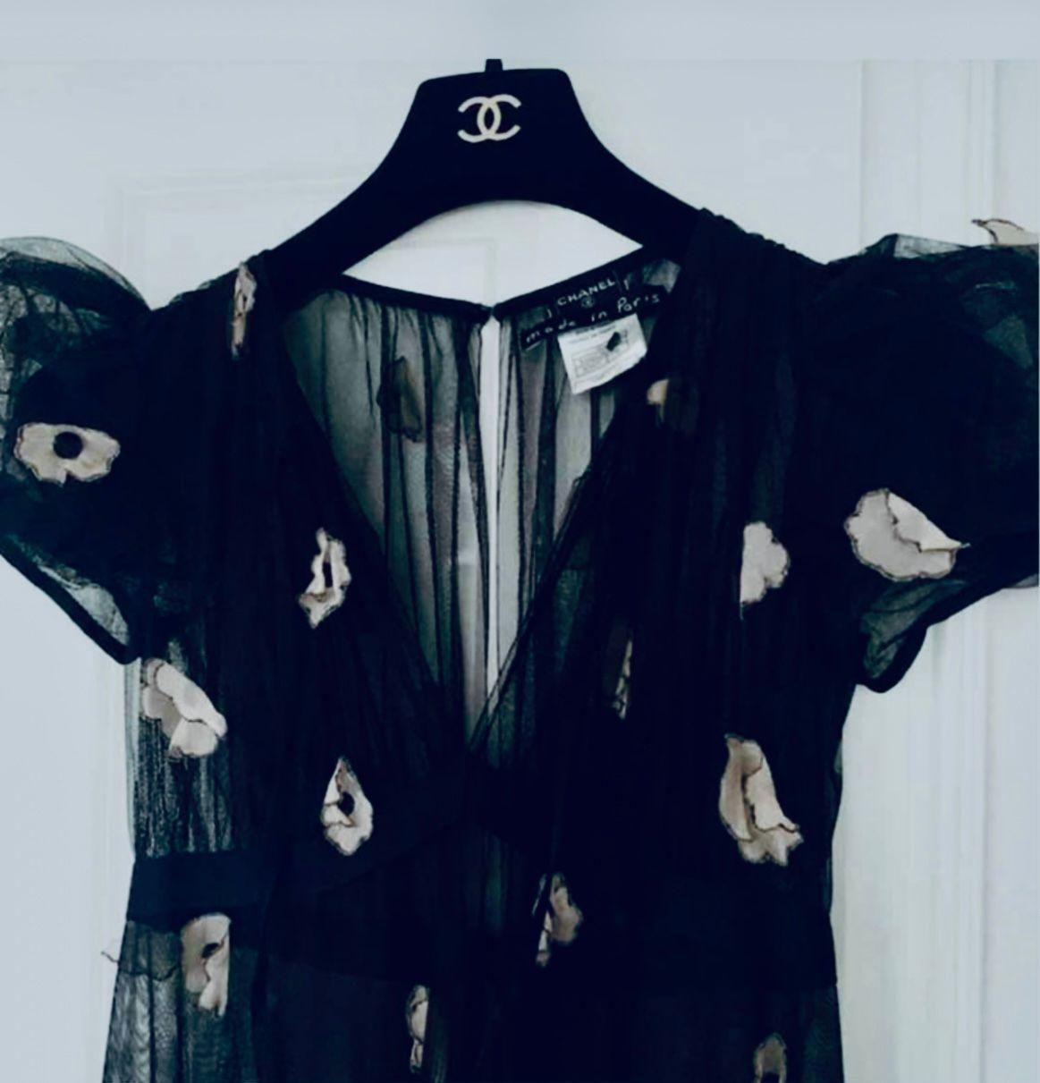 Chanel Black Tulle Camelia Embellished Gown