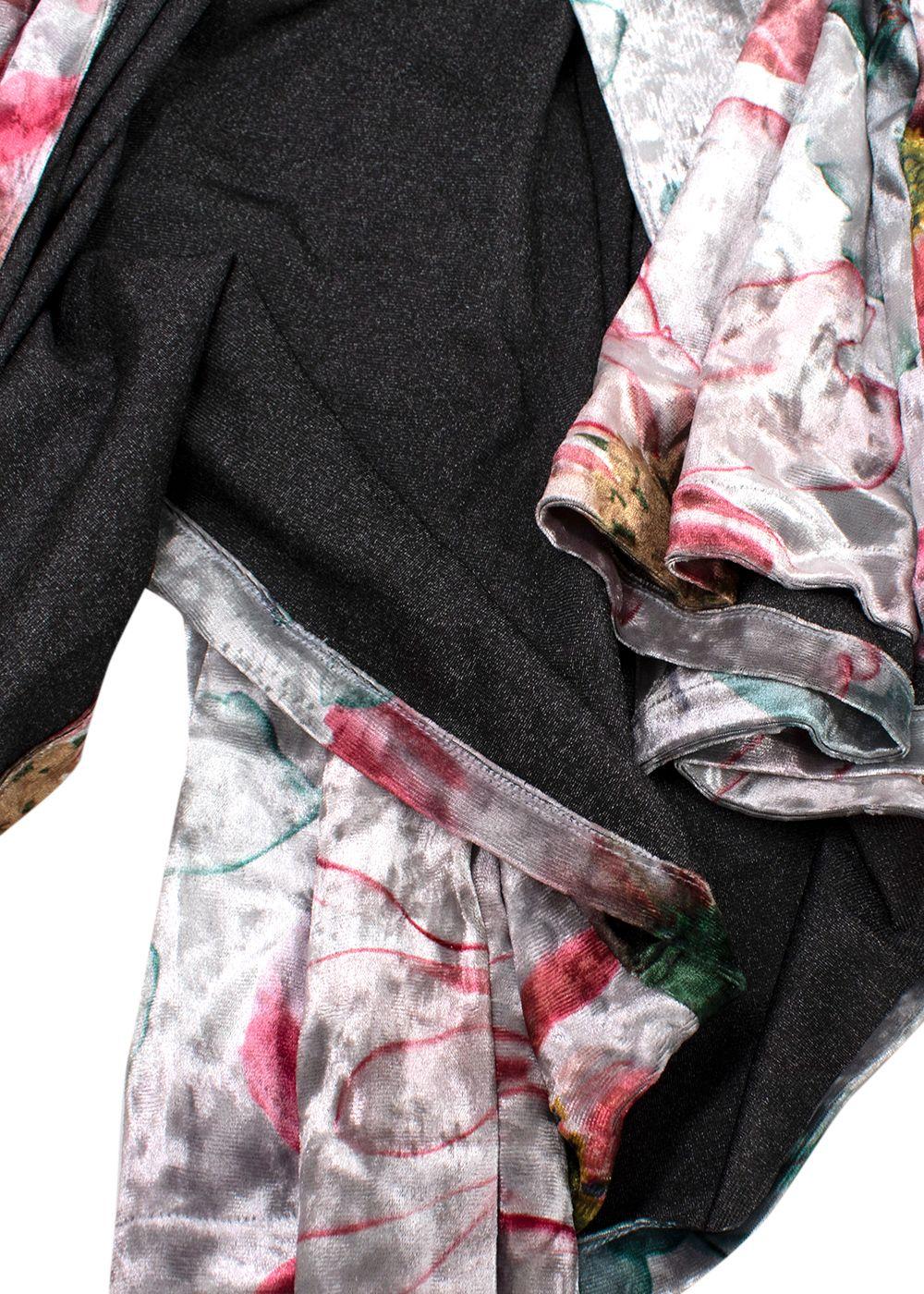 Elegant Embroidery Floral Silver Crushed Velvet Wrap Kaftan with Feather Trim
