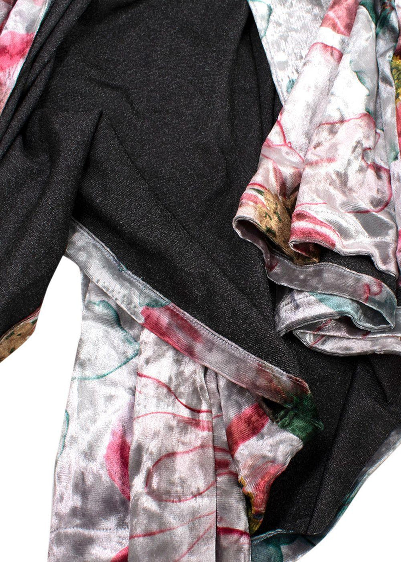Elegant Embroidery Floral Silver Crushed Velvet Wrap Kaftan with Feather Trim