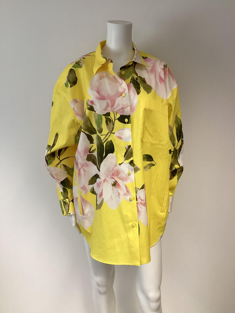 Valentino Yellow Floral Print Mini Shirt Dress