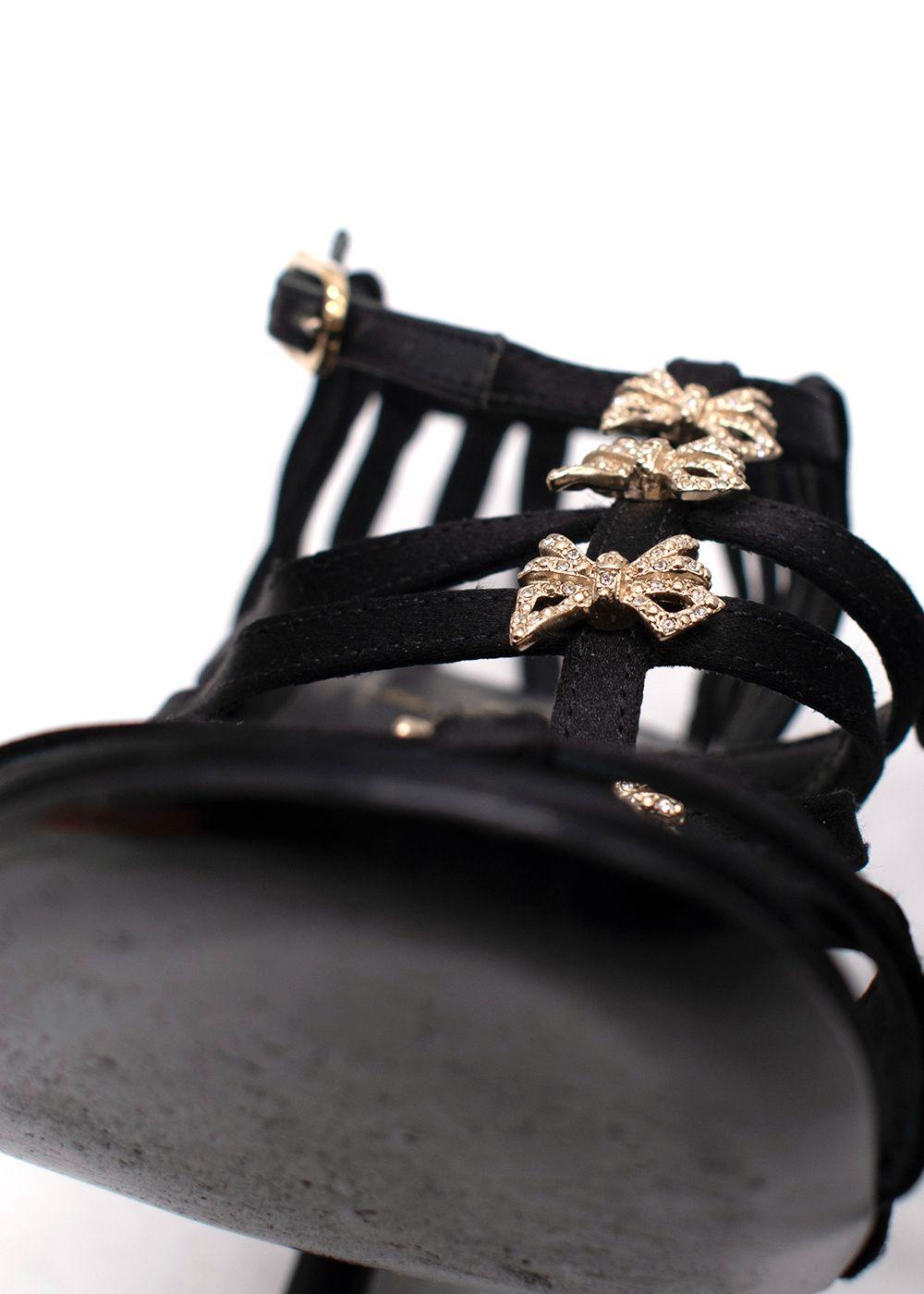 Chanel Black Satin Strappy Heels with Bow Detailing