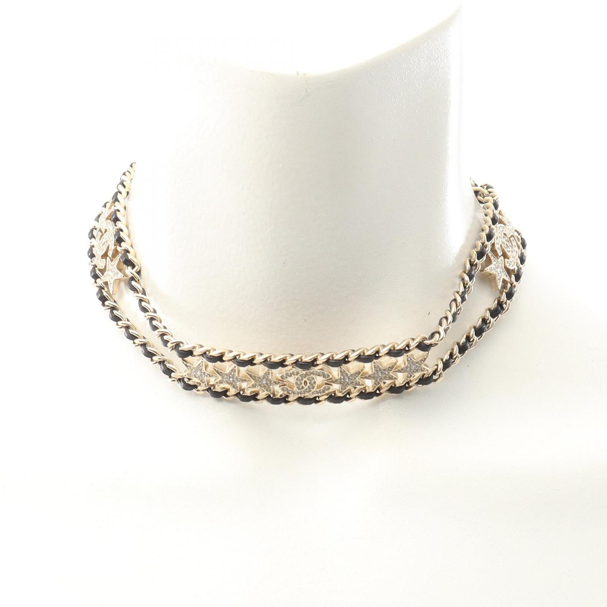 Chanel Gold Plated Leather Woven CC Rhinestone Star Choker Necklace