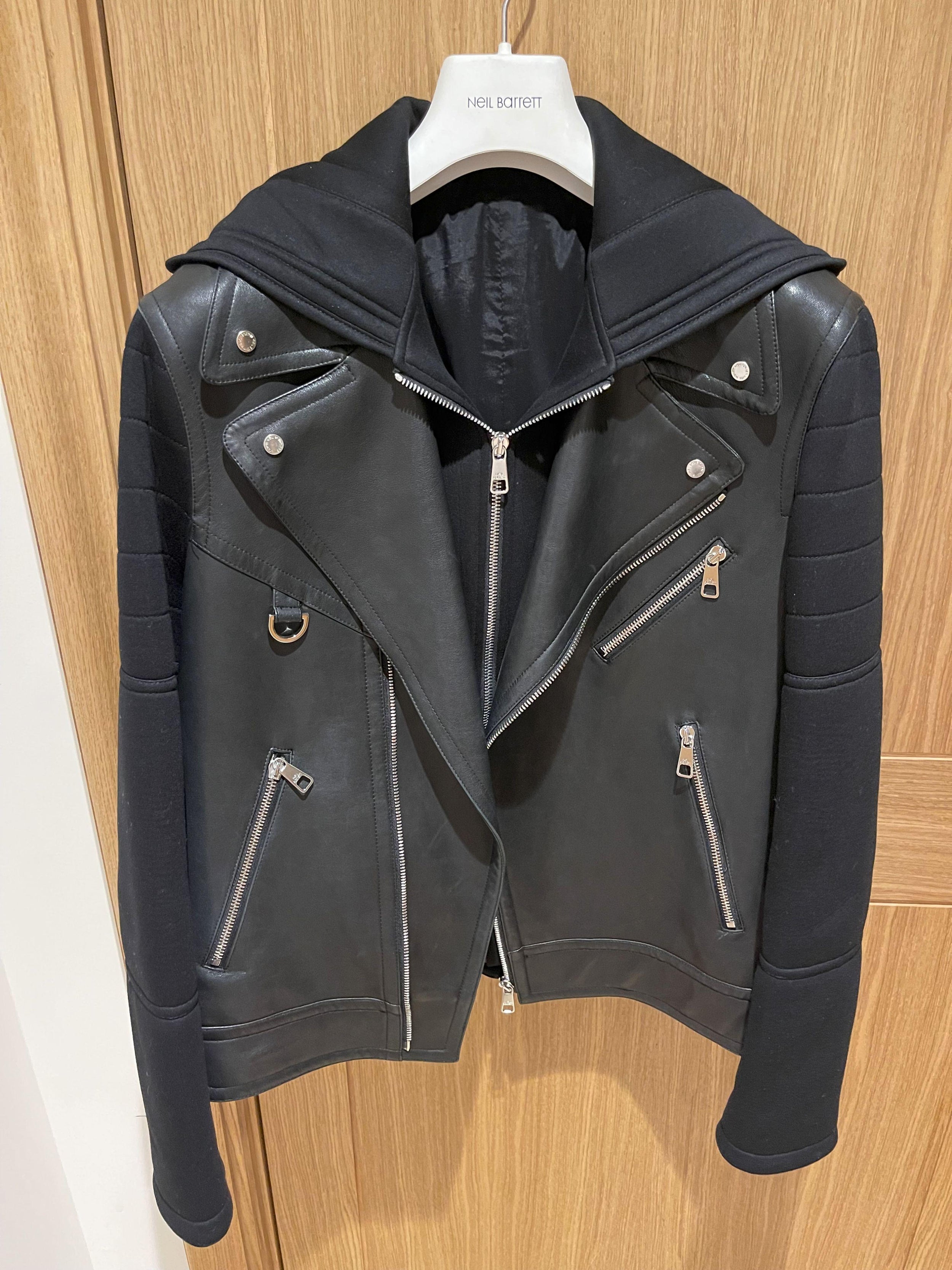 leather & neoprene hooded biker jacket