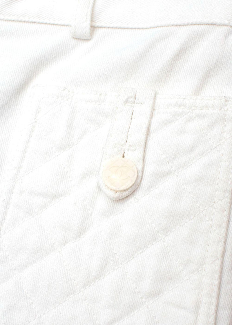 Quilted Pocket Detail White Cotton Jeans