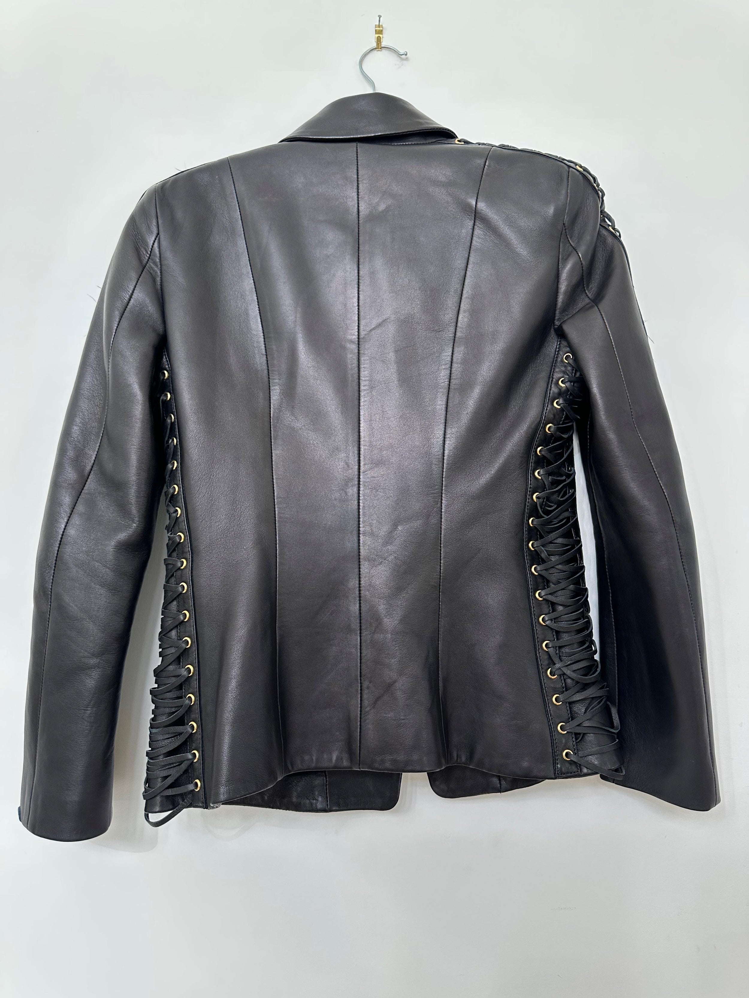 Balmain Black Leather Lace Up Detail Blazer