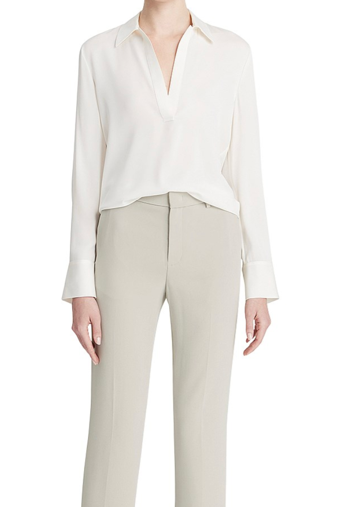 Vince Ivory Stretch-Silk Long-Sleeve Polo Shirt