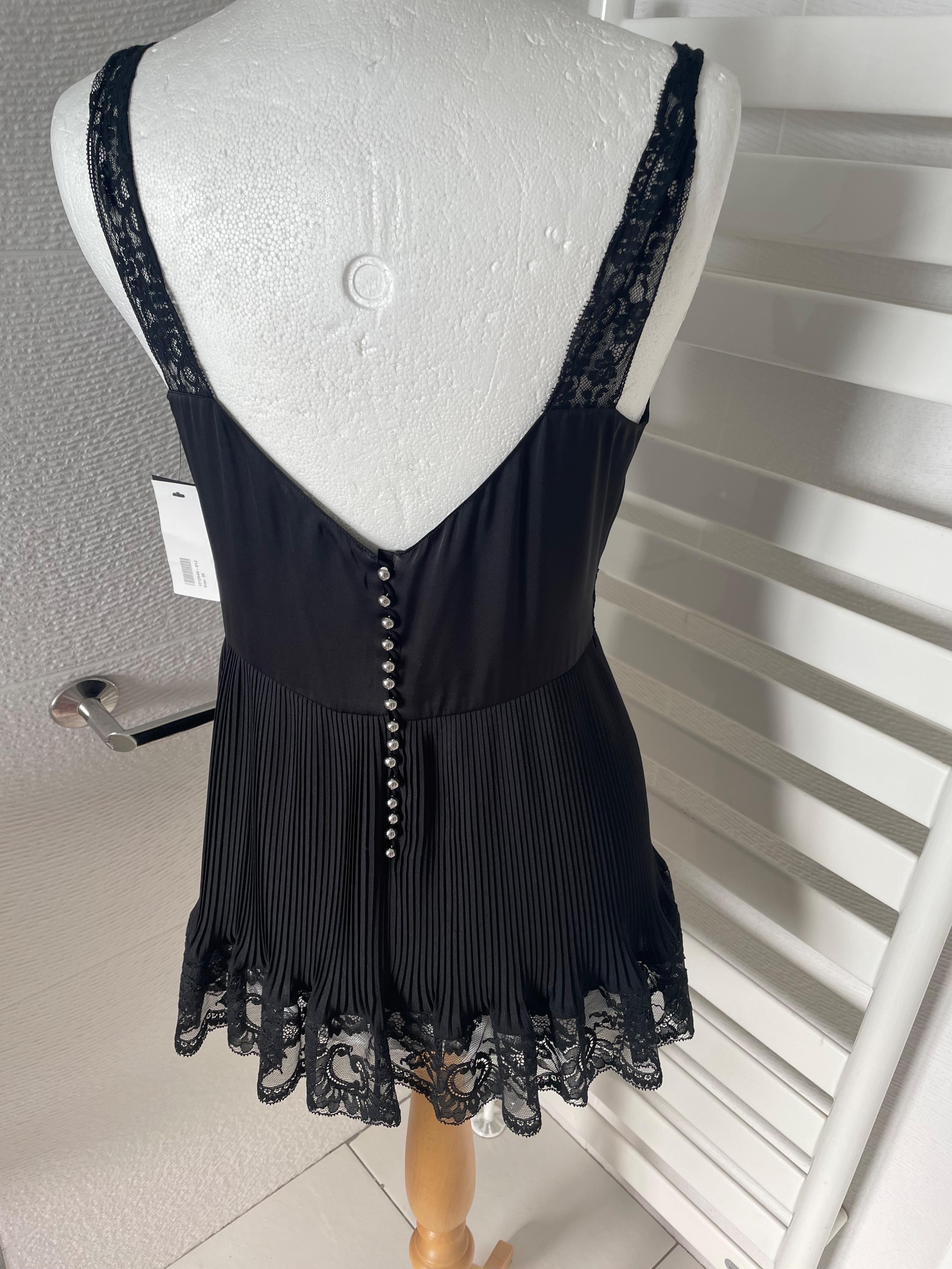 Plisse Black Crepe de Chine Lace Trimmed Top & Shorts Set