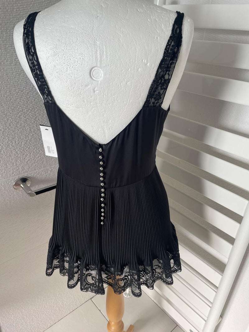 Plisse Black Crepe de Chine Lace Trimmed Top & Shorts Set