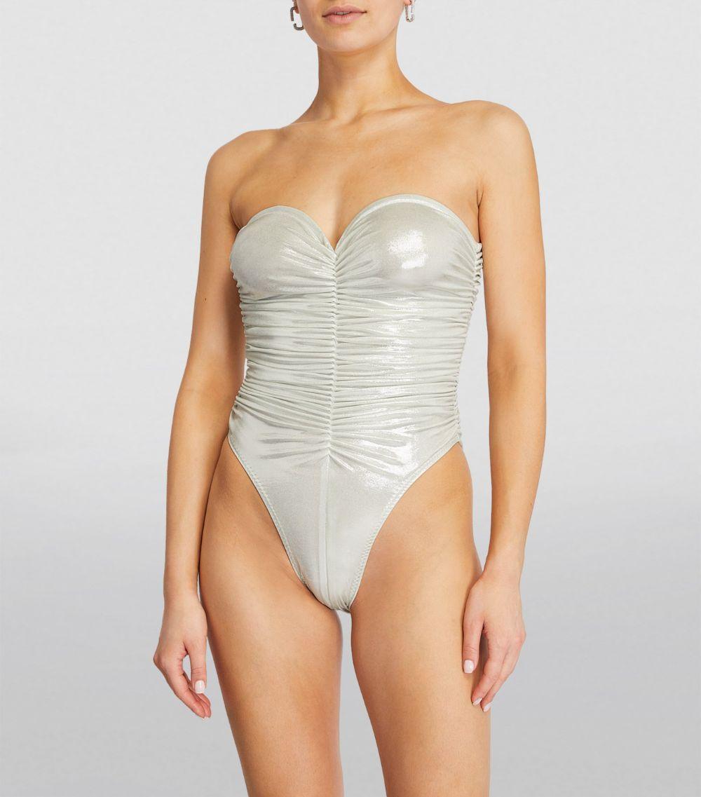 Norma Kamali White Ruched Metallic Marissa Swimsuit
