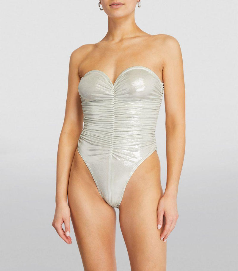 Norma Kamali White Ruched Metallic Marissa Swimsuit