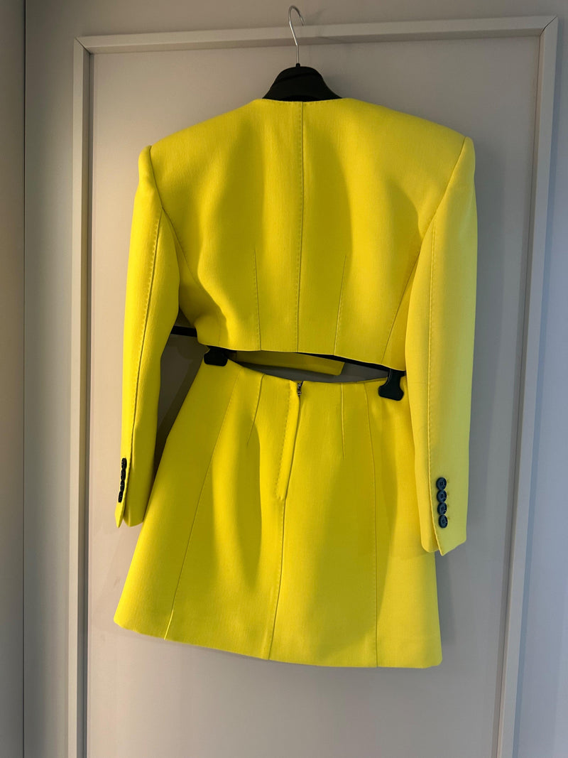 Yellow & Black Virgin Wool Asymmetric Jacket & Mini Skirt